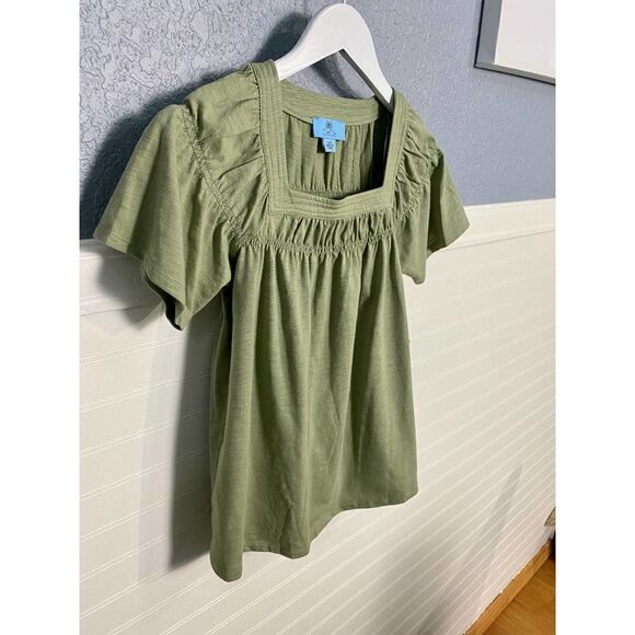 Cece Olive Green Square Scoop Neck Short Sleeve Blouse Women's size XXS NWT - Picture 1 of 6
